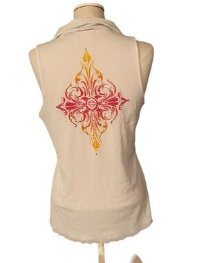 HARLEY DAVIDSON SLEEVELESS TOP WHITE LINED COLLARED SHIRT BLINGED OUT LOGO LARGE